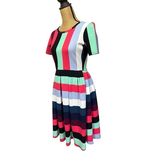 Lularoe Amelia Unicorn Colorful Stripes Color Block Size M Rare Pleated Pockets - Picture 4 of 13